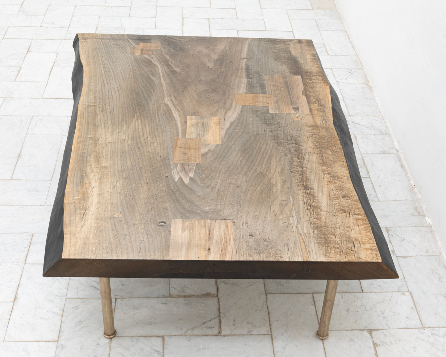 SLAB COFFEE TABLE - 48" L, OXIDIZED MAPLE TOP, NATURAL BRONZE BASE