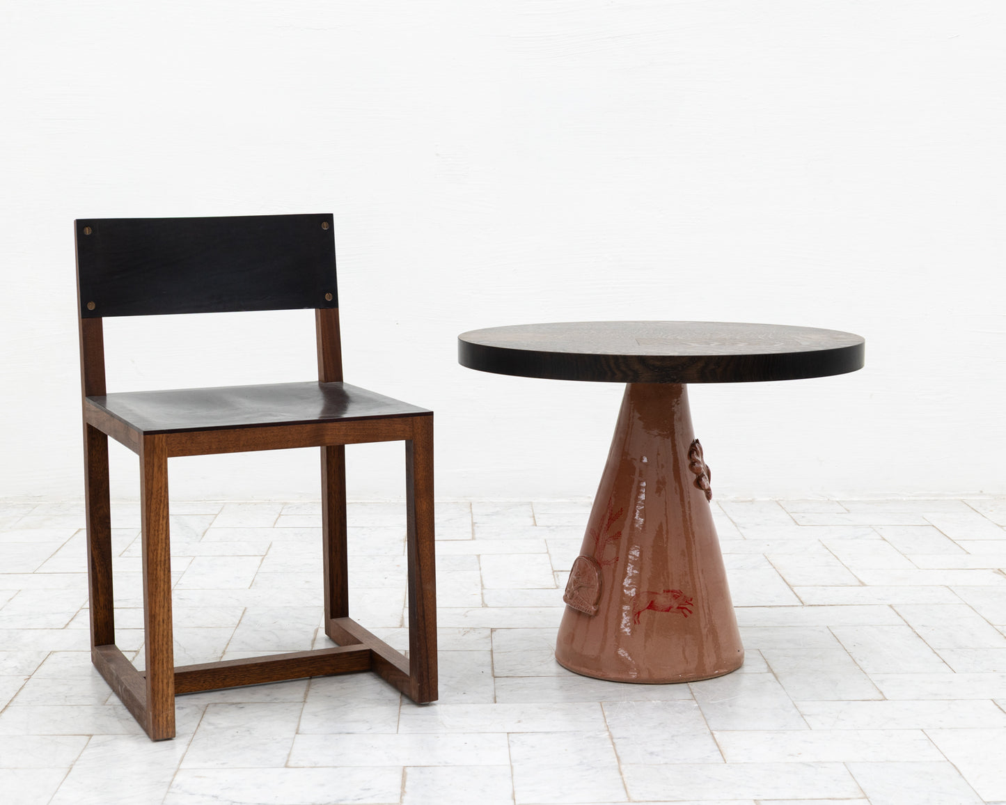 LOTCH SIDE TABLE - 23" DIAMETER DARK OAK TOP, HAND-PAINTED CERAMIC BASE