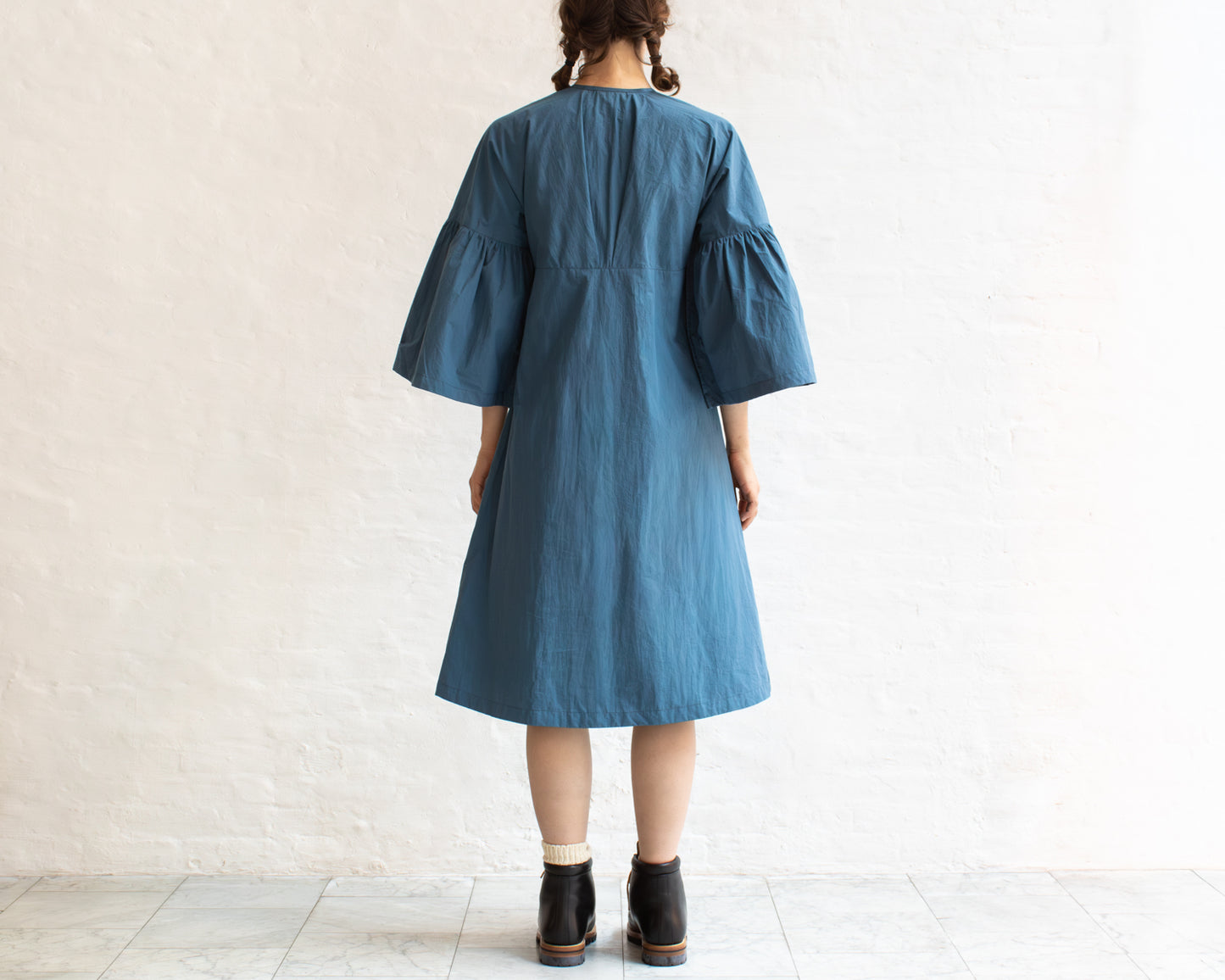 FULL BUTTON BELL SLEEVE DRESS IN BLUE