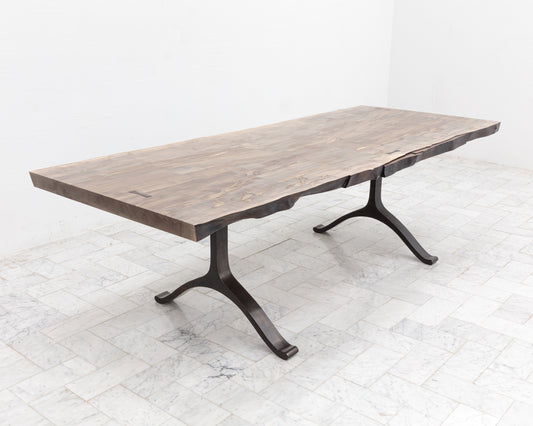BRONZE WISHBONE SLAB DINING TABLE - 96" L, OXIDIZED MAPLE, BLACKENED BRONZE BASE