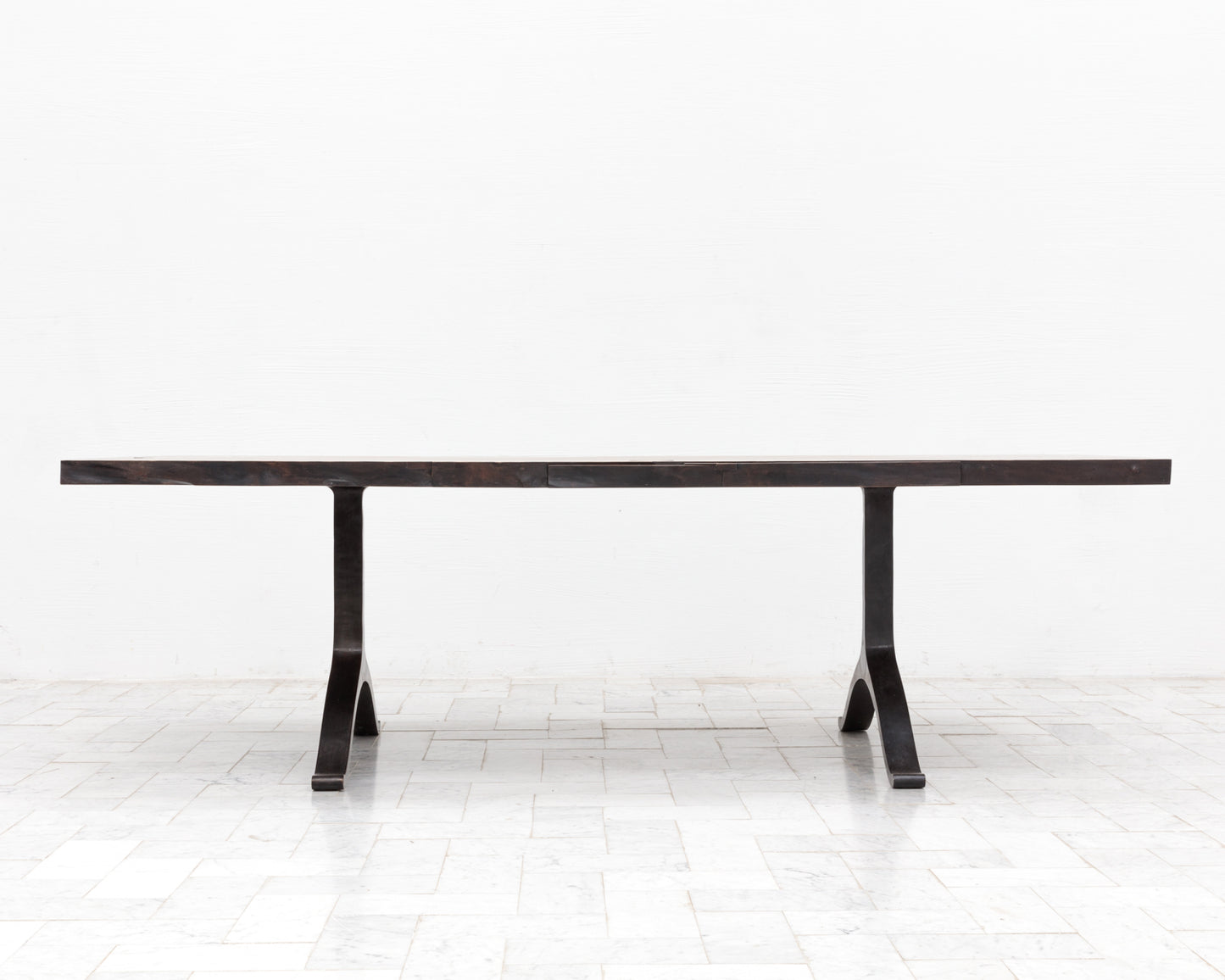 BRONZE WISHBONE SLAB DINING TABLE - 96" L, OXIDIZED MAPLE, BLACKENED BRONZE BASE