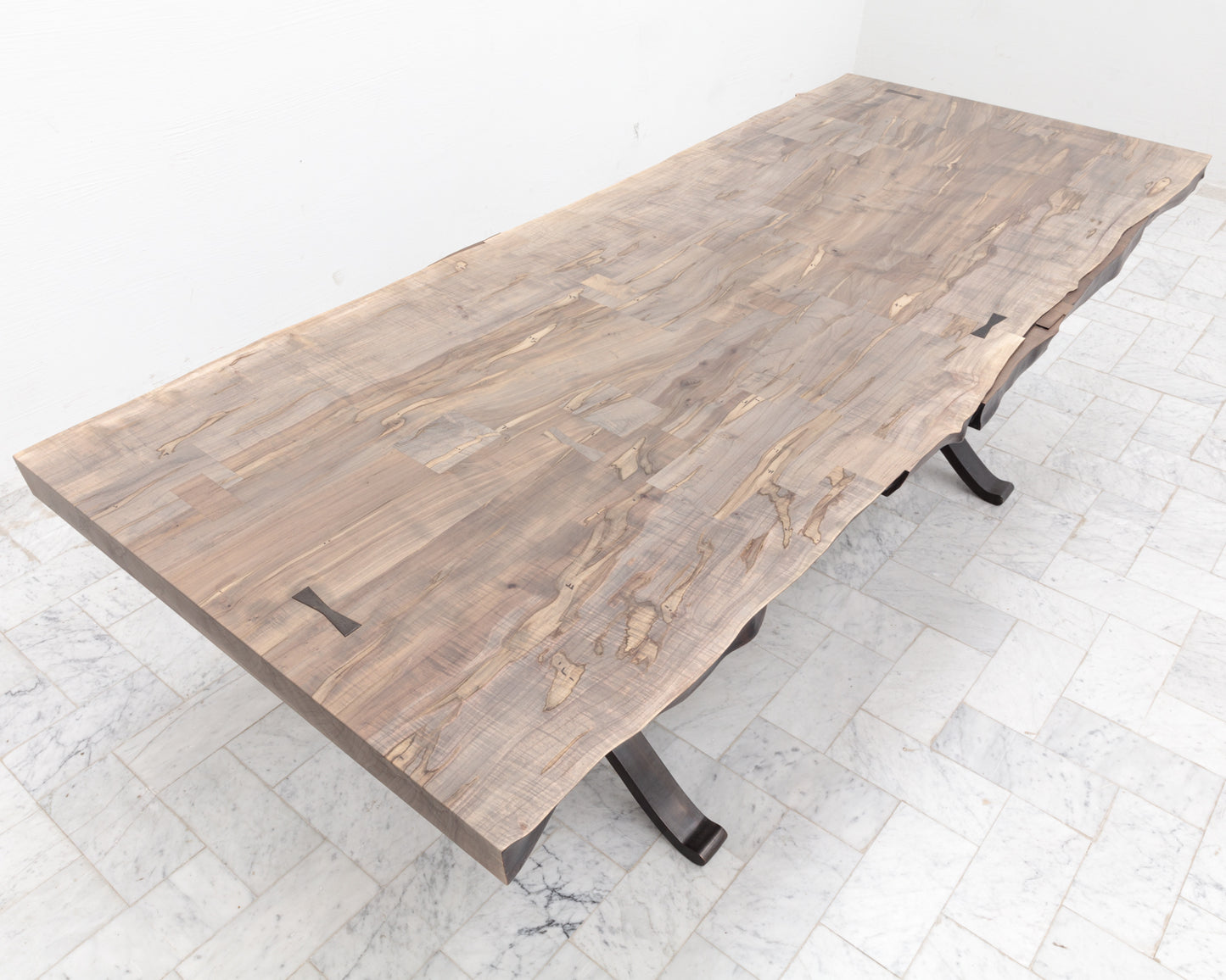 BRONZE WISHBONE SLAB DINING TABLE - 96" L, OXIDIZED MAPLE, BLACKENED BRONZE BASE