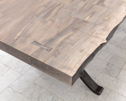 BRONZE WISHBONE SLAB DINING TABLE - 96" L, OXIDIZED MAPLE, BLACKENED BRONZE BASE