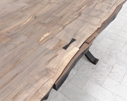 BRONZE WISHBONE SLAB DINING TABLE - 96" L, OXIDIZED MAPLE, BLACKENED BRONZE BASE
