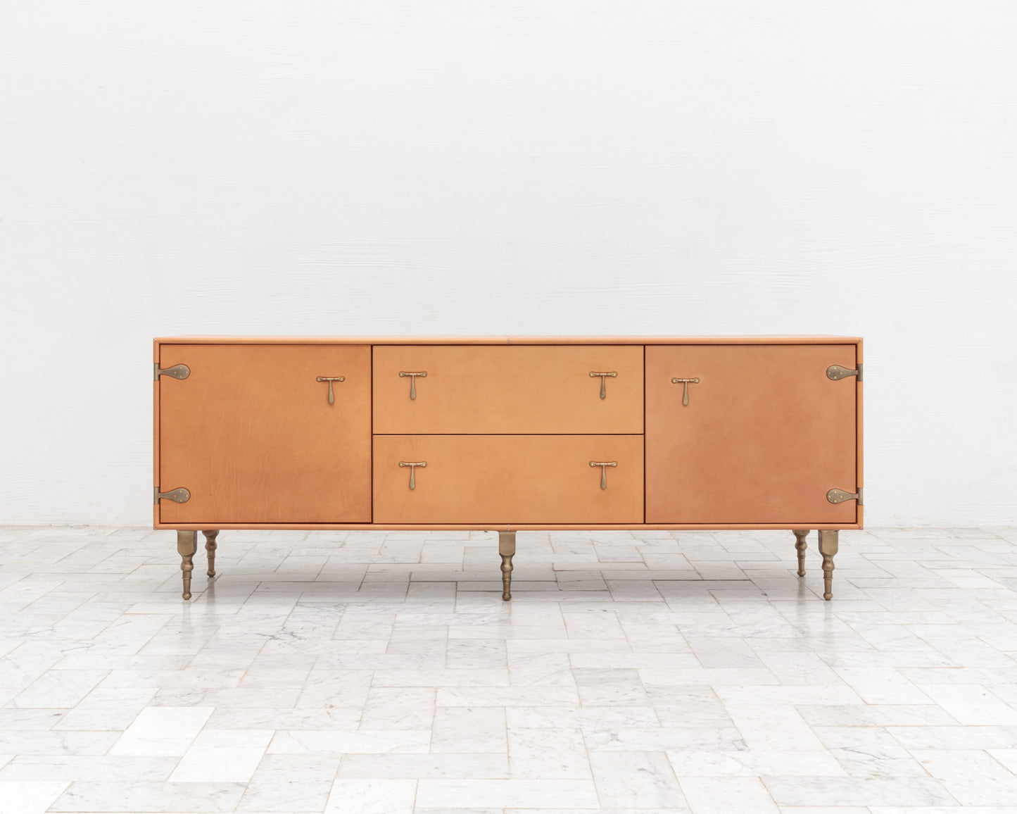CAPTAIN'S CREDENZA - 78" L, NUDE LEATHER, NATURAL BRONZE HARDWARE