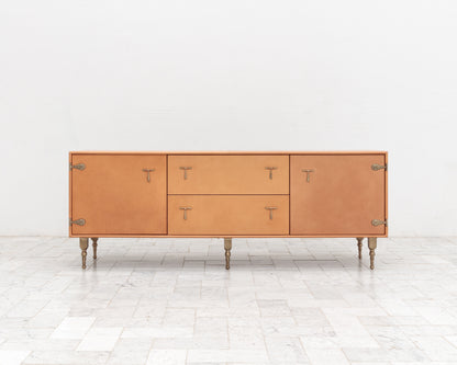 CAPTAIN'S CREDENZA - 78" L, NUDE LEATHER, NATURAL BRONZE HARDWARE
