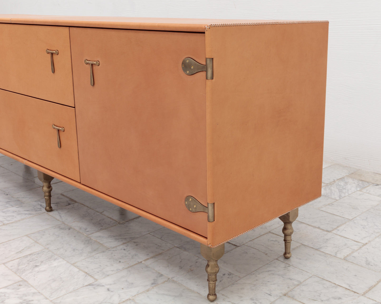 CAPTAIN'S CREDENZA - 78" L, NUDE LEATHER, NATURAL BRONZE HARDWARE