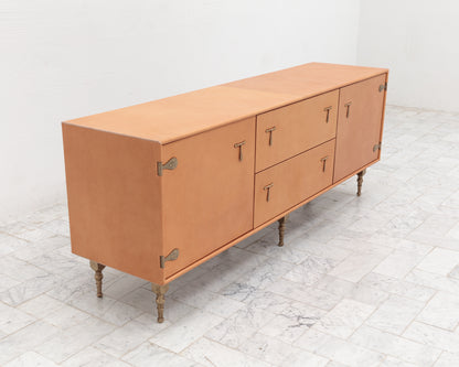 CAPTAIN'S CREDENZA - 78" L, NUDE LEATHER, NATURAL BRONZE HARDWARE