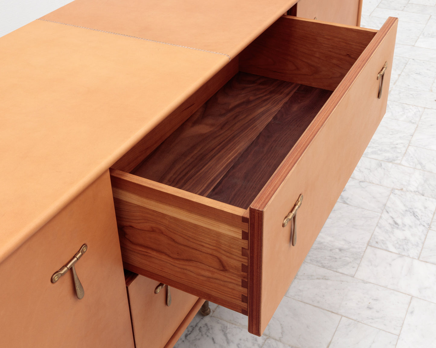 CAPTAIN'S CREDENZA - 78" L, NUDE LEATHER, NATURAL BRONZE HARDWARE