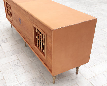 CAPTAIN'S CREDENZA - 78" L, NUDE LEATHER, NATURAL BRONZE HARDWARE