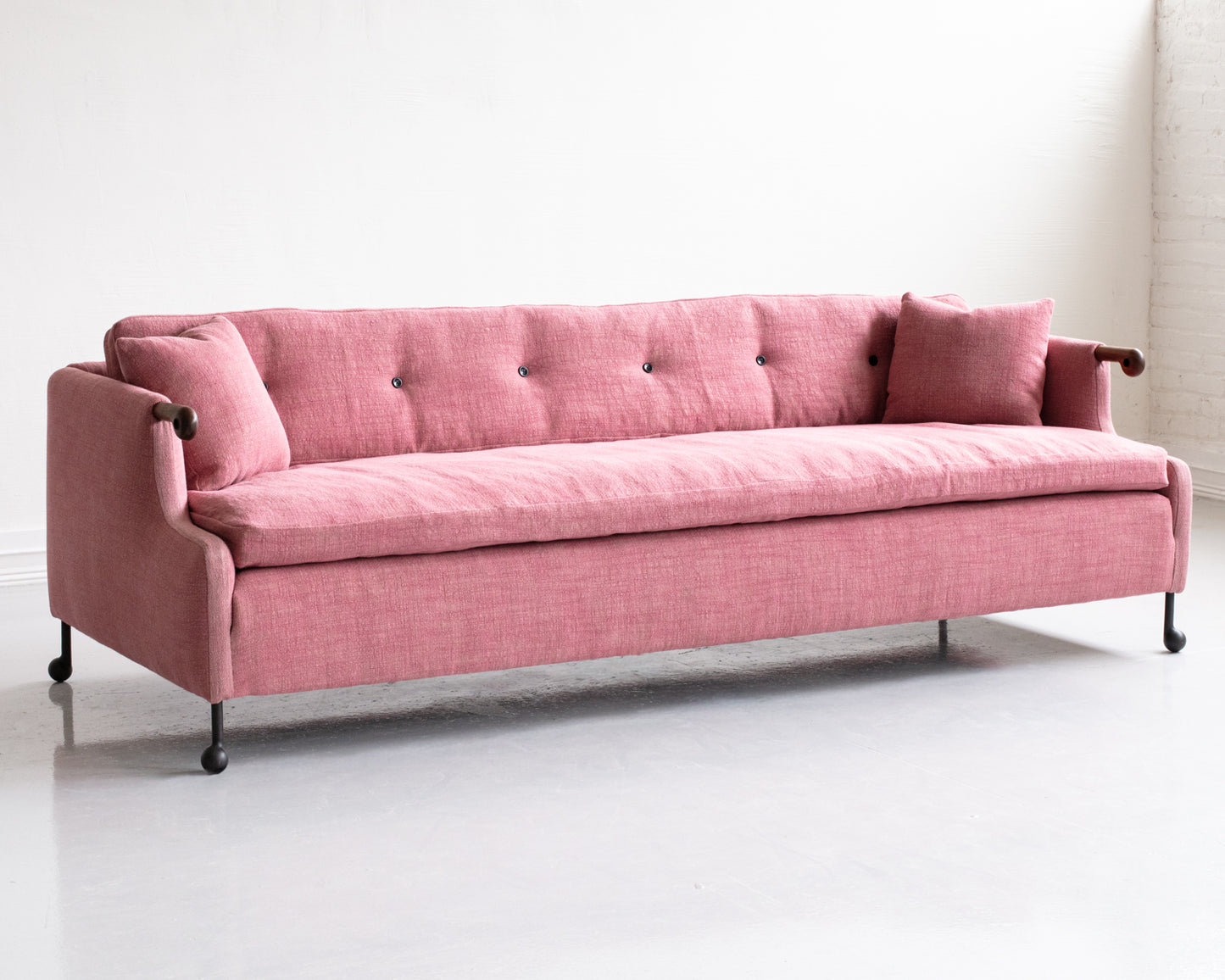 ABEL SOFA - 8', BDDW FABRIC #141, CLARO WALNUT ARMS, BLACKENED BRONZE FEET
