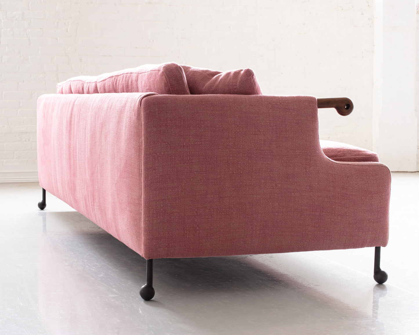 ABEL SOFA - 8', BDDW FABRIC #141, CLARO WALNUT ARMS, BLACKENED BRONZE FEET