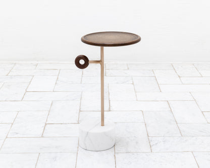 LUG TABLE - 9” DIAMETER DARK OAK TOP, MARBLE BASE
