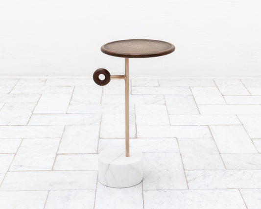 LUG TABLE - 9” DIAMETER DARK OAK TOP, MARBLE BASE