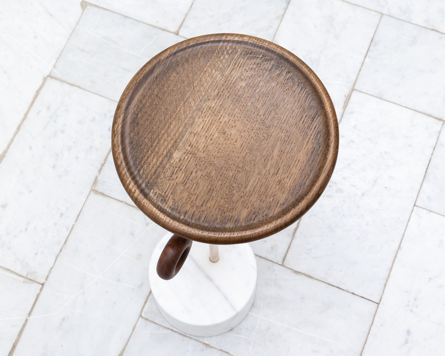LUG TABLE - 9” DIAMETER DARK OAK TOP, MARBLE BASE