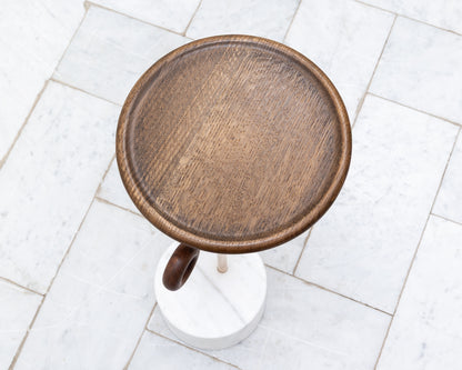 LUG TABLE - 9” DIAMETER DARK OAK TOP, MARBLE BASE