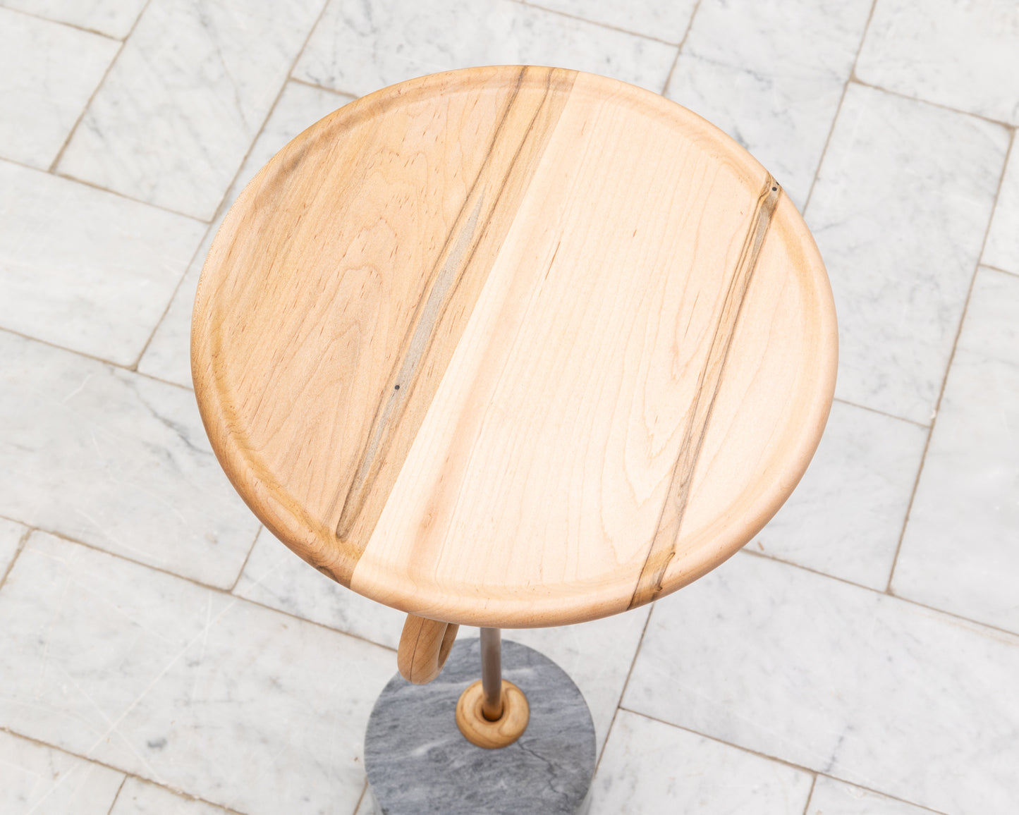 LUG TABLE - 12” DIAMETER NATURAL MAPLE TOP, MARBLE BASE