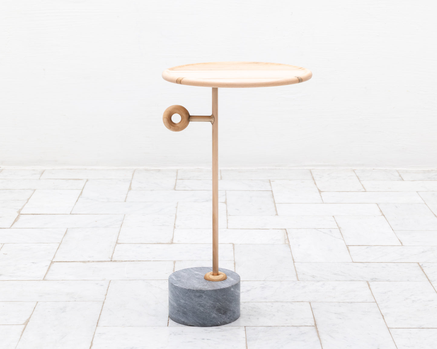 LUG TABLE - 12” DIAMETER NATURAL MAPLE TOP, MARBLE BASE