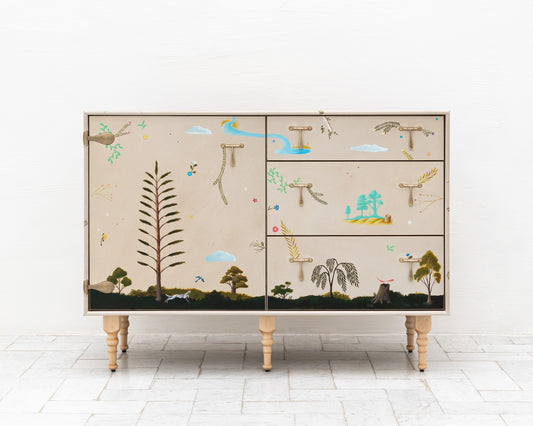 TATTOOED CAPTAIN'S BUREAU - 48" L, PARCHMENT LEATHER, NATURAL BRONZE HARDWARE