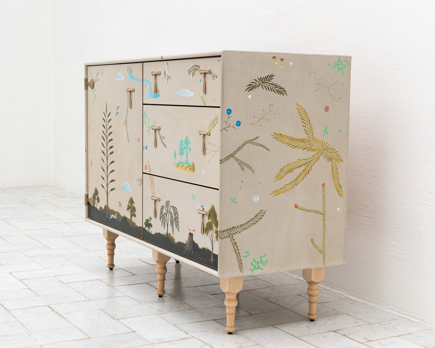 TATTOOED CAPTAIN'S BUREAU - 48" L, PARCHMENT LEATHER, NATURAL BRONZE HARDWARE