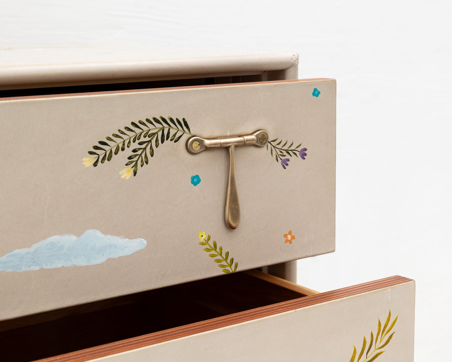 TATTOOED CAPTAIN'S BUREAU - 48" L, PARCHMENT LEATHER, NATURAL BRONZE HARDWARE