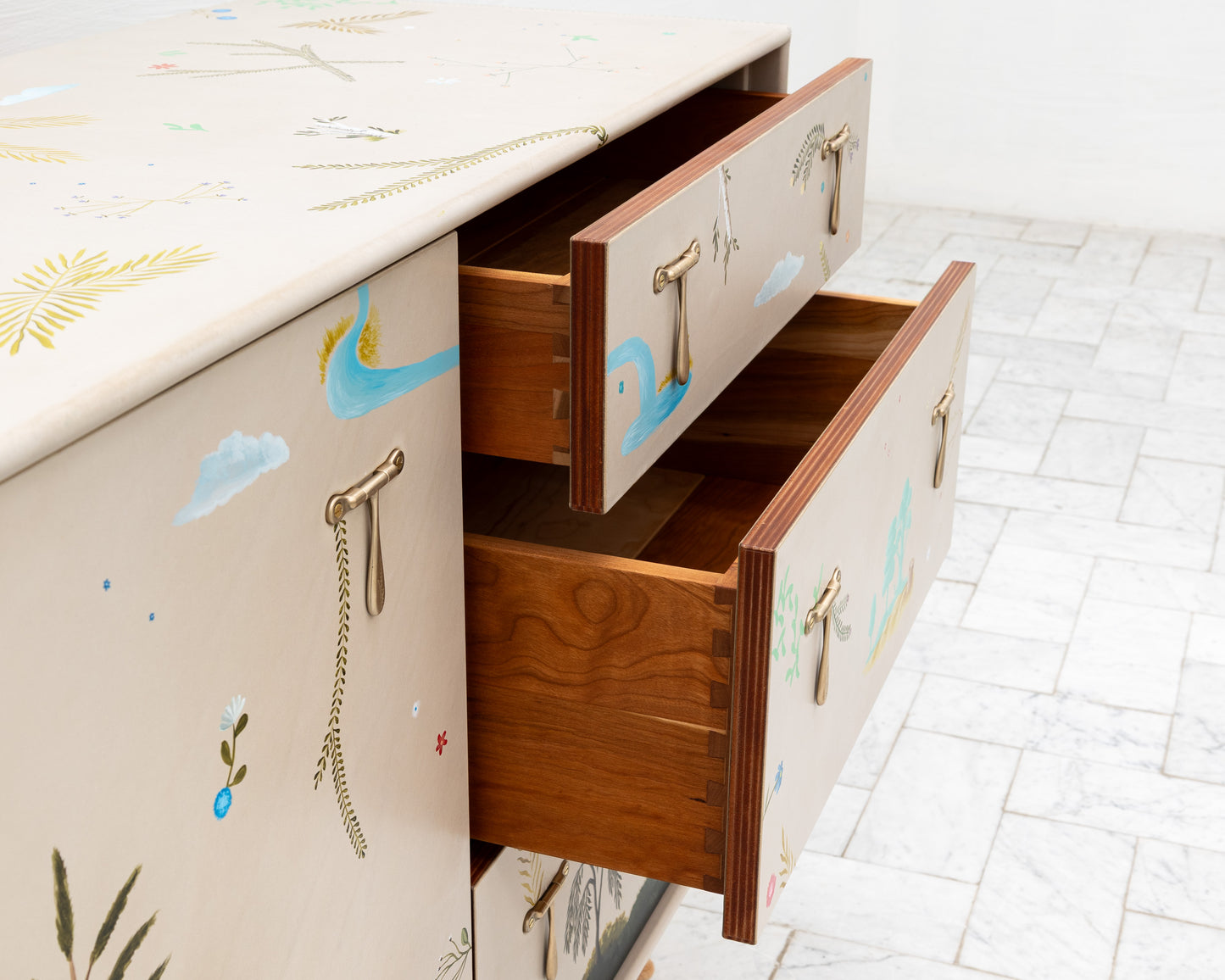 TATTOOED CAPTAIN'S BUREAU - 48" L, PARCHMENT LEATHER, NATURAL BRONZE HARDWARE