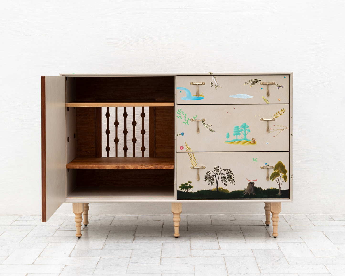 TATTOOED CAPTAIN'S BUREAU - 48" L, PARCHMENT LEATHER, NATURAL BRONZE HARDWARE