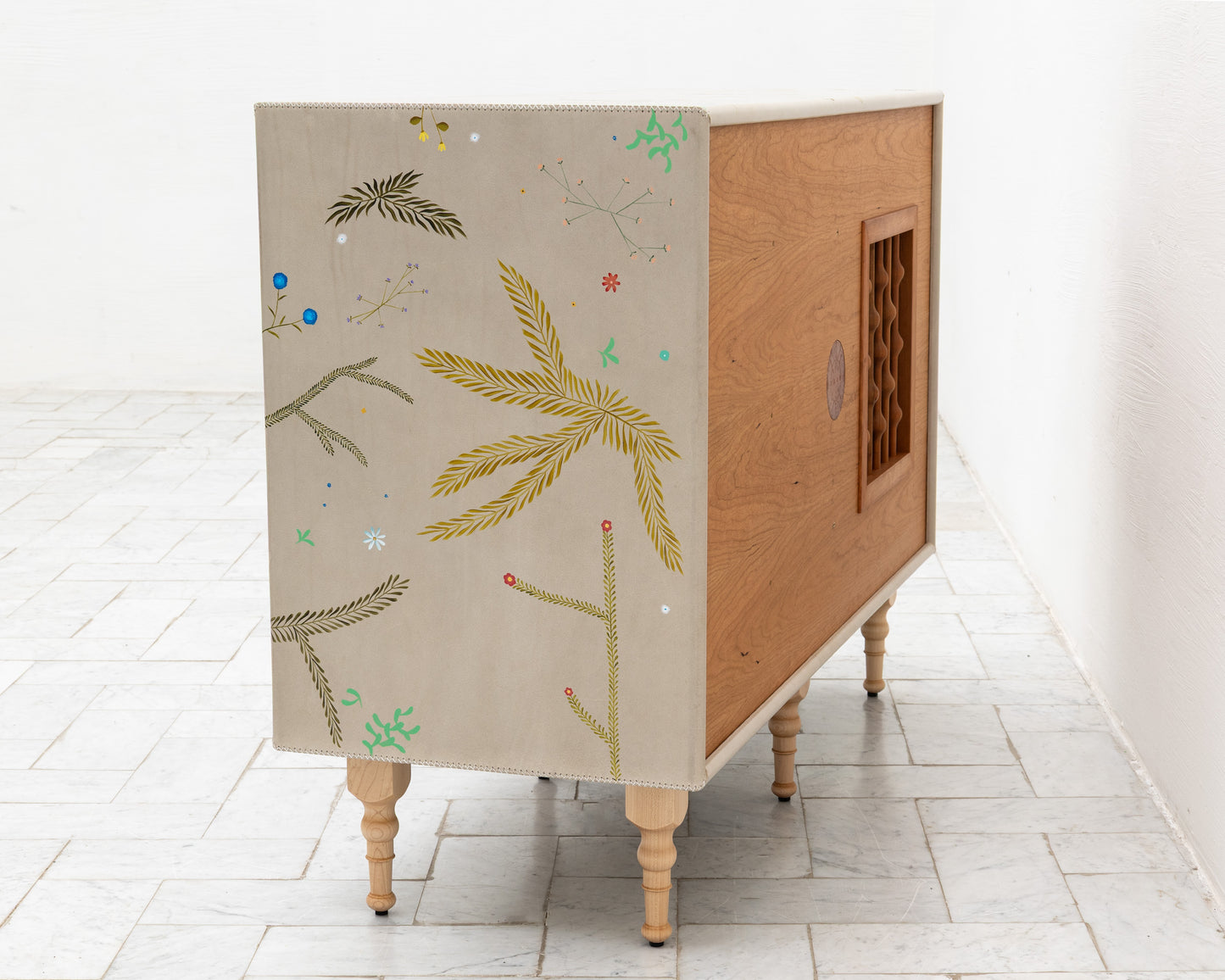 TATTOOED CAPTAIN'S BUREAU - 48" L, PARCHMENT LEATHER, NATURAL BRONZE HARDWARE