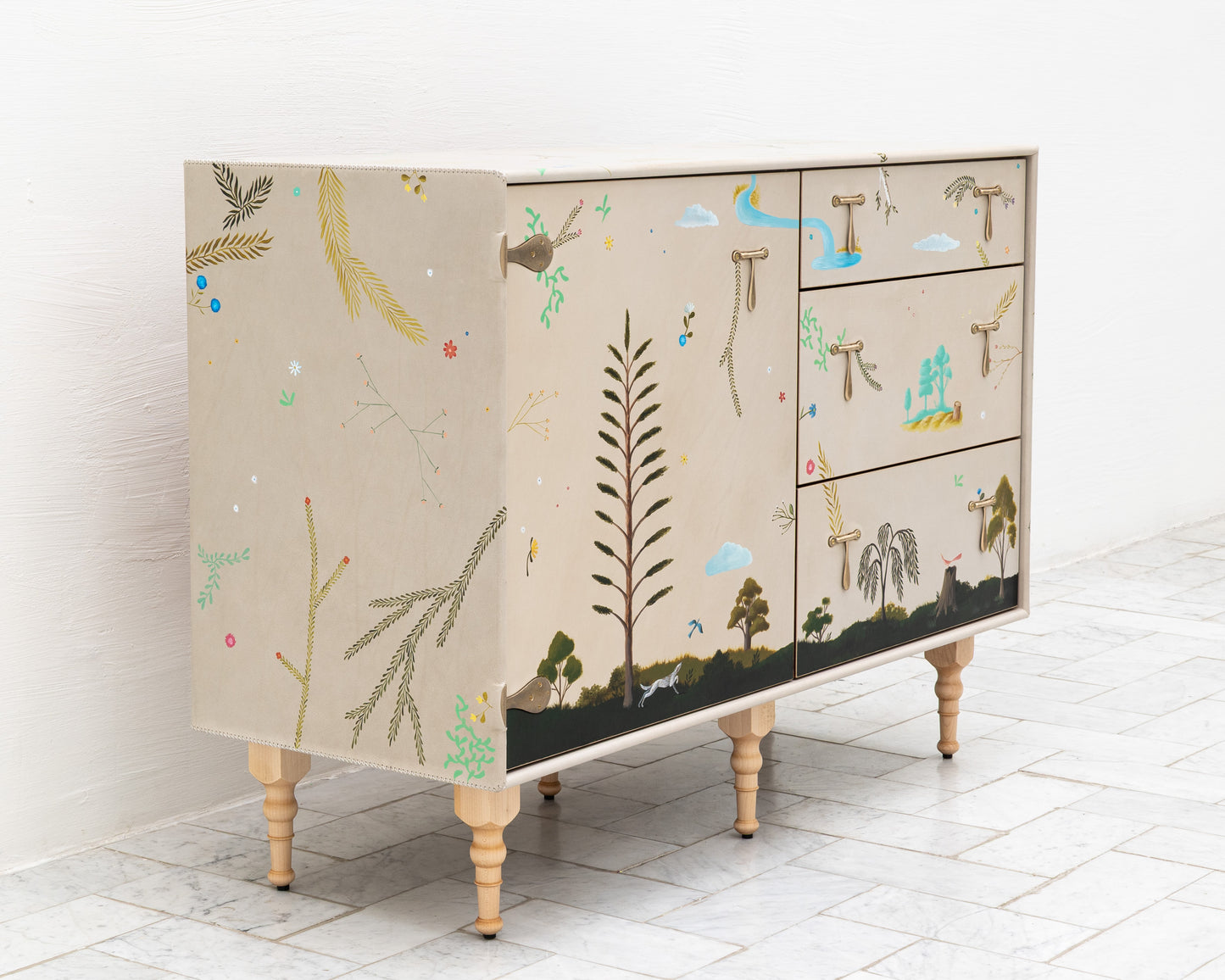 TATTOOED CAPTAIN'S BUREAU - 48" L, PARCHMENT LEATHER, NATURAL BRONZE HARDWARE