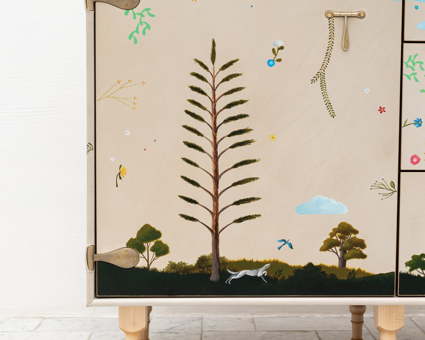 TATTOOED CAPTAIN'S BUREAU - 48" L, PARCHMENT LEATHER, NATURAL BRONZE HARDWARE