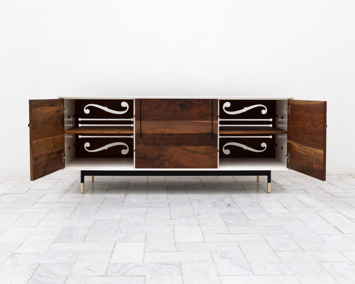 LAKE CREDENZA - 67" L, WHITE LACQUER EXTERIOR, CLARO WALNUT FACES