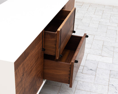 LAKE CREDENZA - 67" L, WHITE LACQUER EXTERIOR, CLARO WALNUT FACES