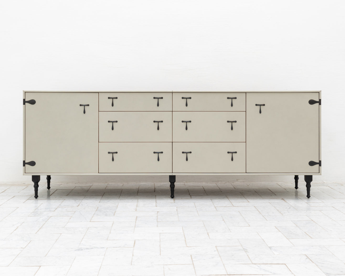 CAPTAIN'S BUREAU - 95" L, PARCHMENT LEATHER, BLACKENED BRONZE HARDWARE