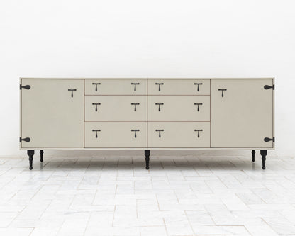 CAPTAIN'S BUREAU - 95" L, PARCHMENT LEATHER, BLACKENED BRONZE HARDWARE