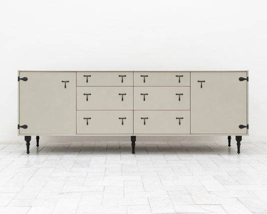 CAPTAIN'S BUREAU - 95" L, PARCHMENT LEATHER, BLACKENED BRONZE HARDWARE