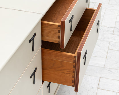 CAPTAIN'S BUREAU - 95" L, PARCHMENT LEATHER, BLACKENED BRONZE HARDWARE