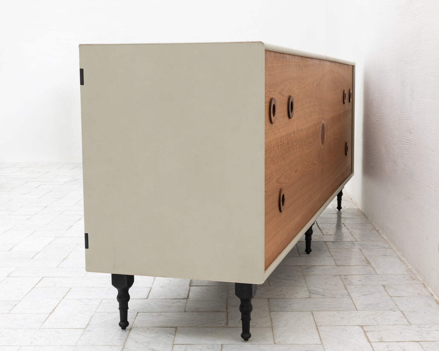 CAPTAIN'S BUREAU - 95" L, PARCHMENT LEATHER, BLACKENED BRONZE HARDWARE