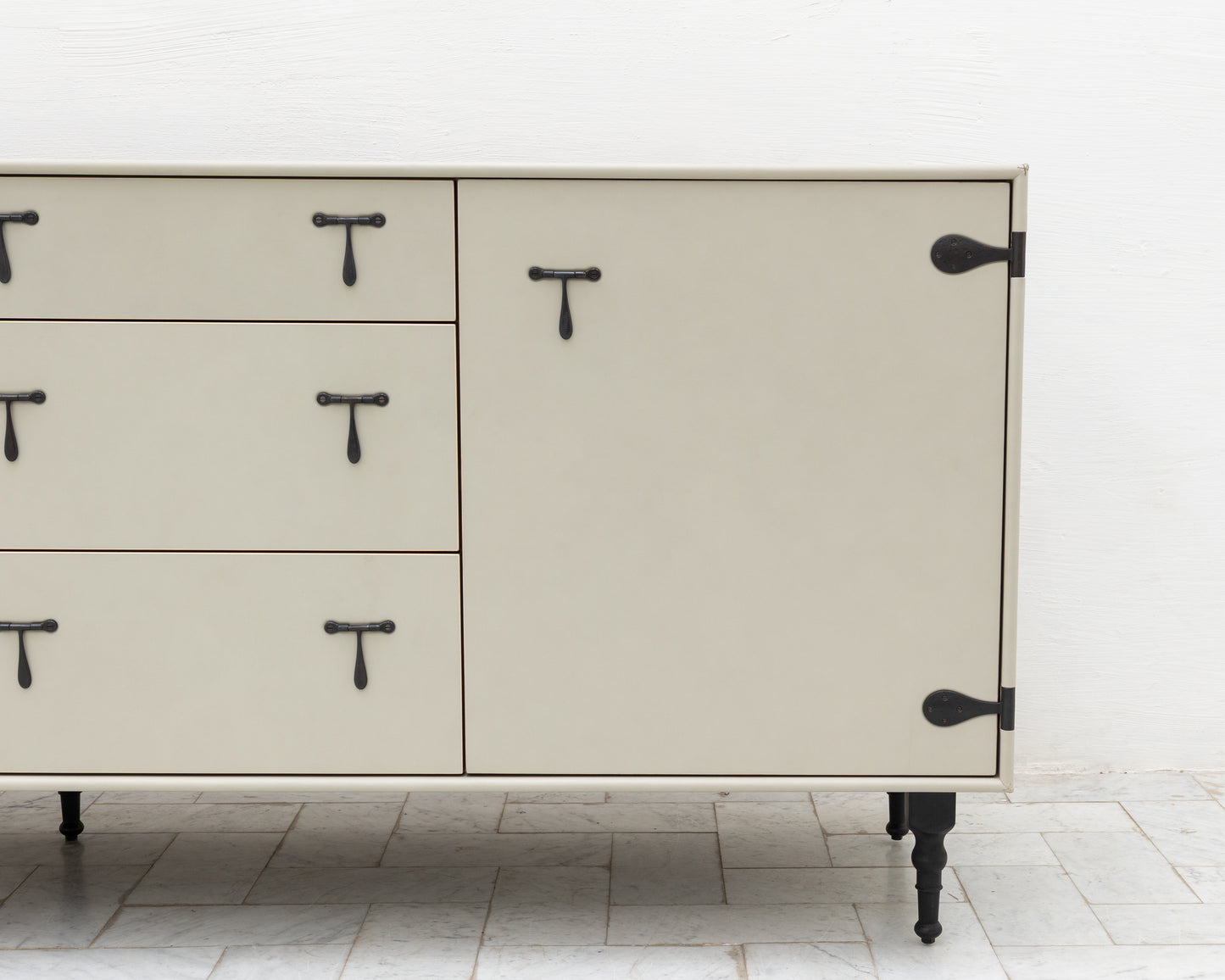 CAPTAIN'S BUREAU - 95" L, PARCHMENT LEATHER, BLACKENED BRONZE HARDWARE