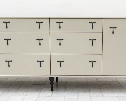 CAPTAIN'S BUREAU - 95" L, PARCHMENT LEATHER, BLACKENED BRONZE HARDWARE