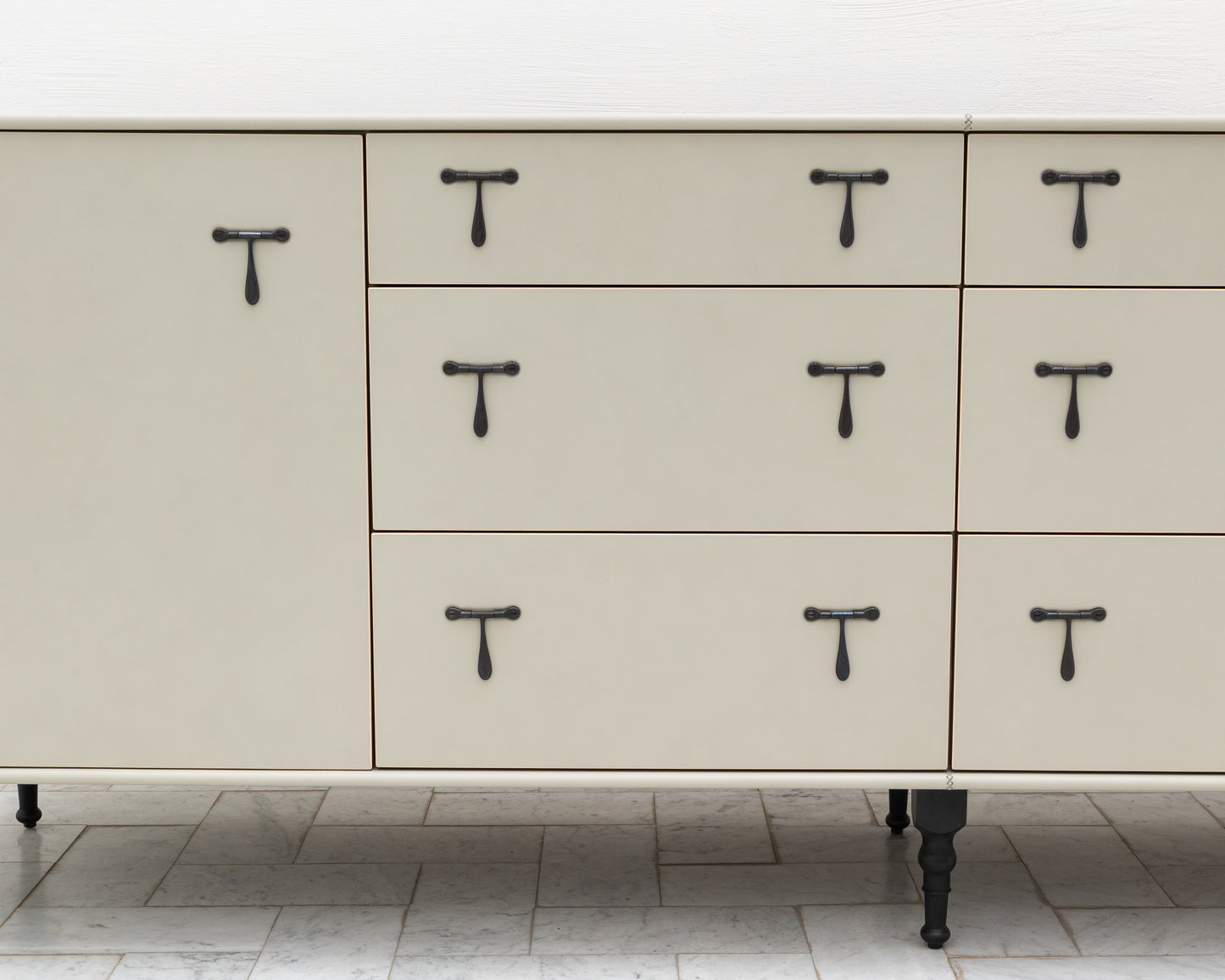 CAPTAIN'S BUREAU - 95" L, PARCHMENT LEATHER, BLACKENED BRONZE HARDWARE