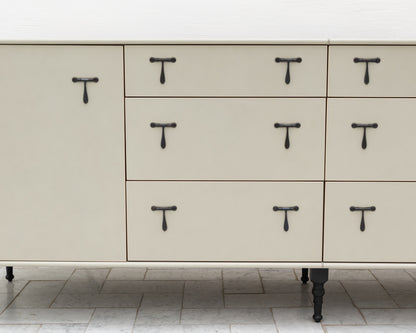 CAPTAIN'S BUREAU - 95" L, PARCHMENT LEATHER, BLACKENED BRONZE HARDWARE