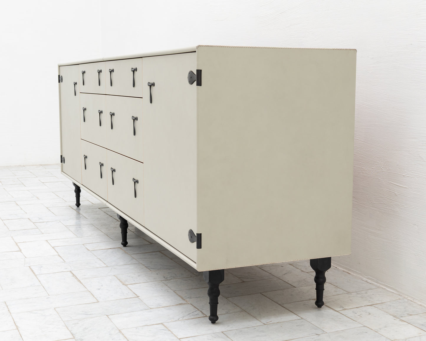 CAPTAIN'S BUREAU - 95" L, PARCHMENT LEATHER, BLACKENED BRONZE HARDWARE