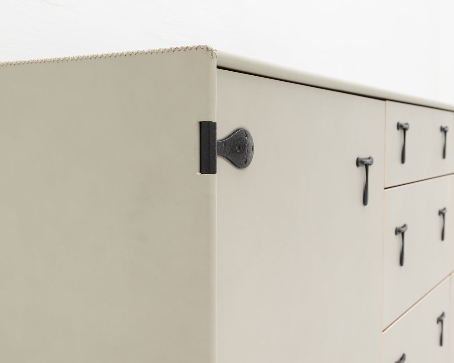 CAPTAIN'S BUREAU - 95" L, PARCHMENT LEATHER, BLACKENED BRONZE HARDWARE