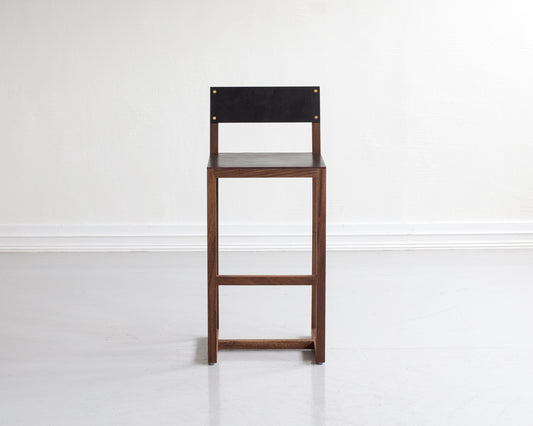 SQUARE GUEST BAR STOOL - BLACK WALNUT, DARK MULLED LEATHER