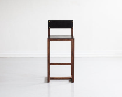 SQUARE GUEST BAR STOOL - BLACK WALNUT, DARK MULLED LEATHER