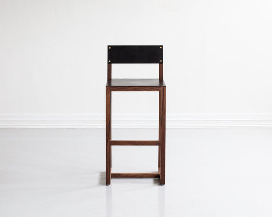 SQUARE GUEST BAR STOOL - BLACK WALNUT, DARK MULLED LEATHER