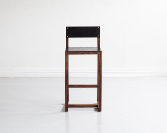 SQUARE GUEST BAR STOOL - BLACK WALNUT, DARK MULLED LEATHER