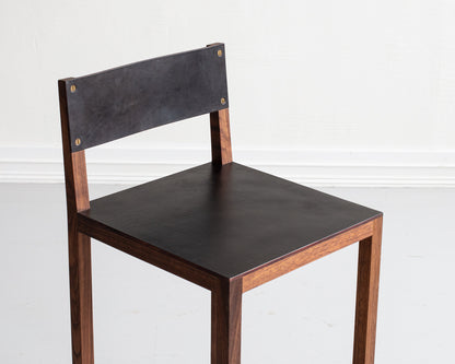 SQUARE GUEST BAR STOOL - BLACK WALNUT, DARK MULLED LEATHER