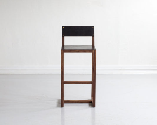 SQUARE GUEST BAR STOOL - BLACK WALNUT, DARK MULLED LEATHER