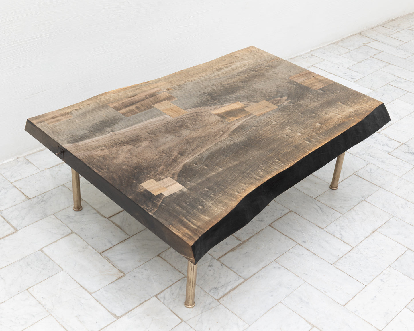 SLAB COFFEE TABLE - 48" L, OXIDIZED MAPLE TOP, NATURAL BRONZE BASE